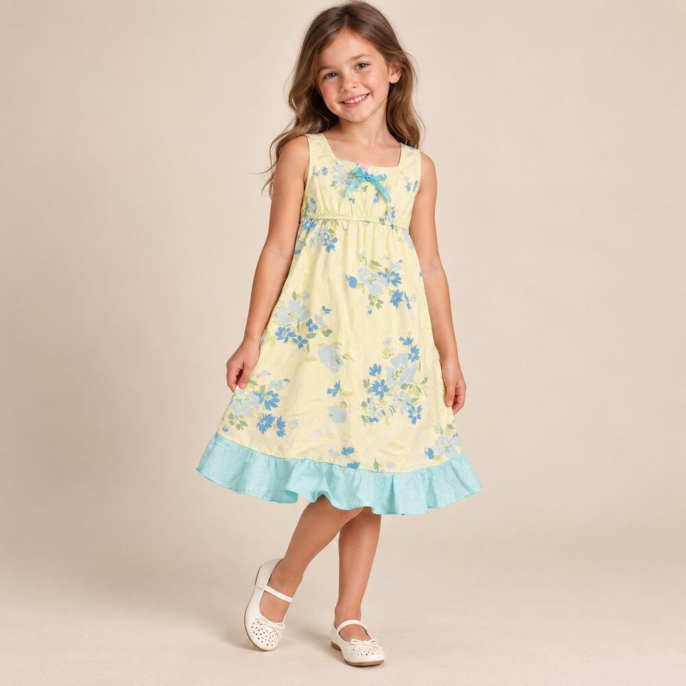 Old Navy Vintage 2005 Girls Size 7 Yellow Blue Floral Cotton Ruffle Dress Lined
